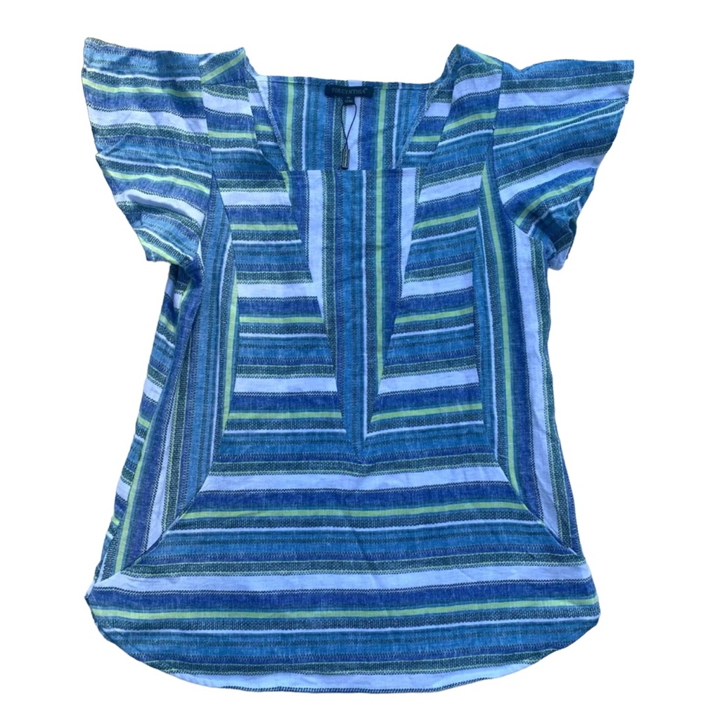 For Cynthia Women’s Linen Blend Flutter Sleeve Striped Boho Top Size Medium